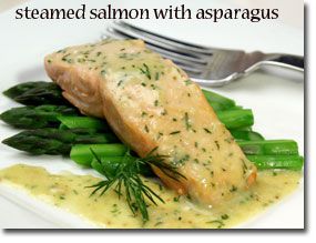 Steamed Salmon and Asparagus with Mustard Dill Sauce